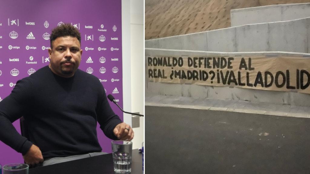 Ronaldo Nazario, presidente del Real Valladolid, y una pancarta en su contra