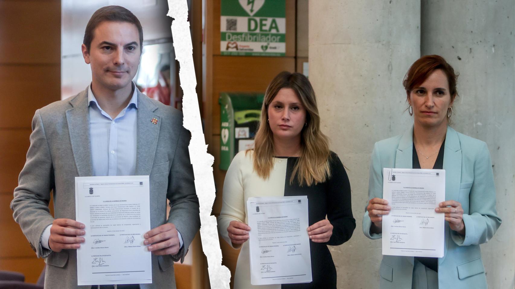 Juan Lobato (PSO), Alejandra Jacinto (Unidas Podemos) y Mónica García (Más Madrid).