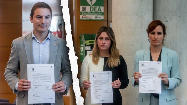 Juan Lobato (PSO), Alejandra Jacinto (Unidas Podemos) y Mónica García (Más Madrid).