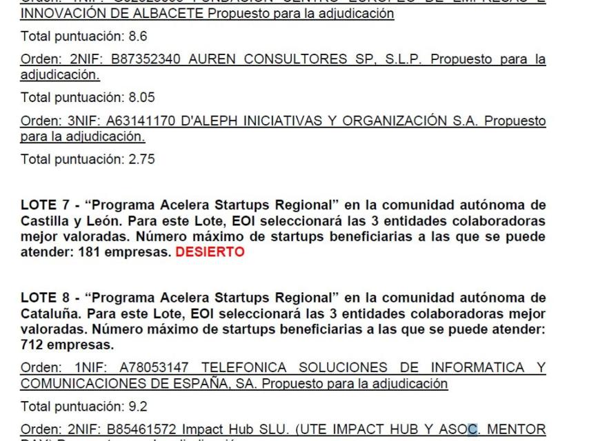 Página de la documentación de la EOI donde figura que la convocatoria ha quedado desierta en Castilla y León