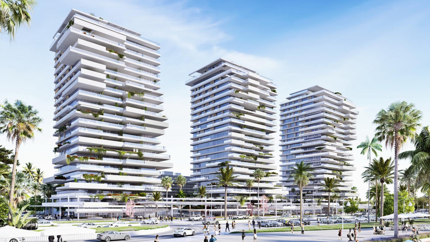 Infografía de las tres torres de 21 plantas que ya se construyen en el litoral oeste de Málaga.