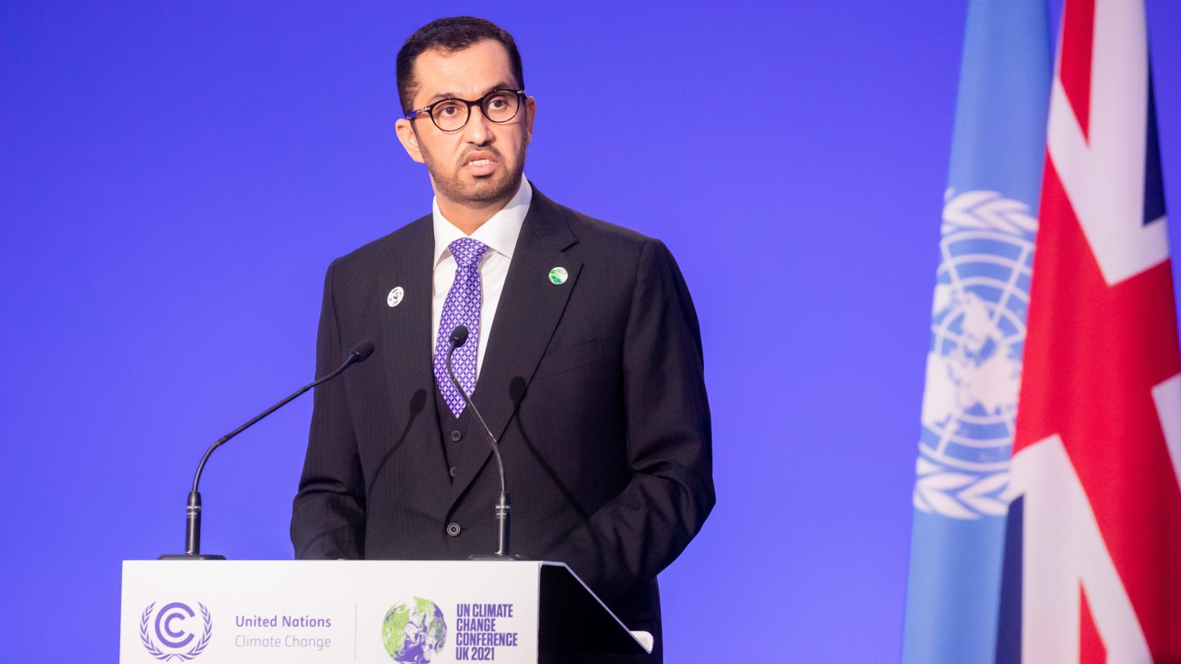 Sultan Ahmed al-Jaber, ministro de Industria de Emiratos Árabes y presidente de una de las principales petroleras del país, durante la COP26 en Glasgow. Christoph Soeder  Europa Press
