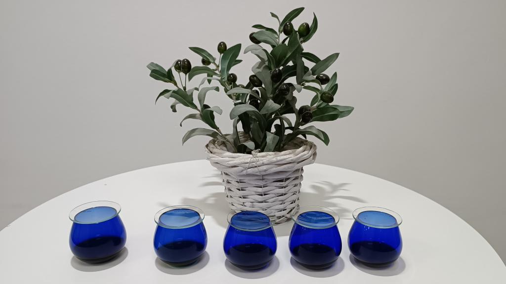 Los cinco aceites servidos en vasos azules antes iniciar la cata a ciegas.