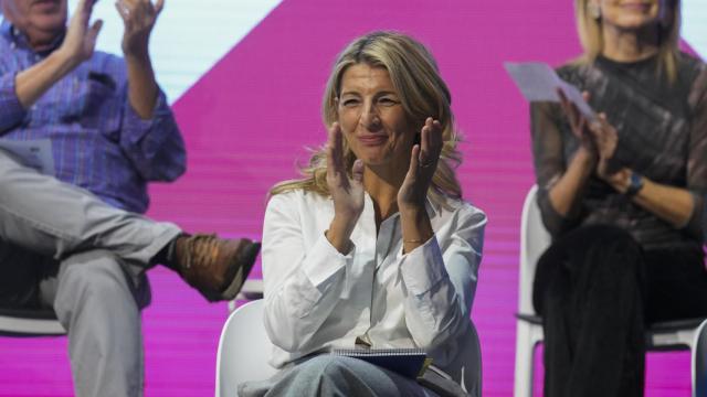 La ministra de Trabajo, Yolanda Díaz, este jueves en el acto de Sumar.