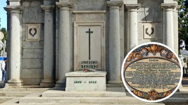 Imagen del mausoleo a Onésimo Redondo y del azulejo dedicado a Francisco Franco en Valladolid.