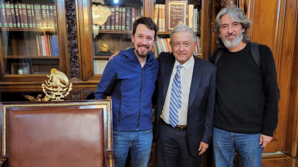 Pablo Iglesias, Andrés Manuel López Obrador y Alfredo Serrano Mancilla, este jueves.