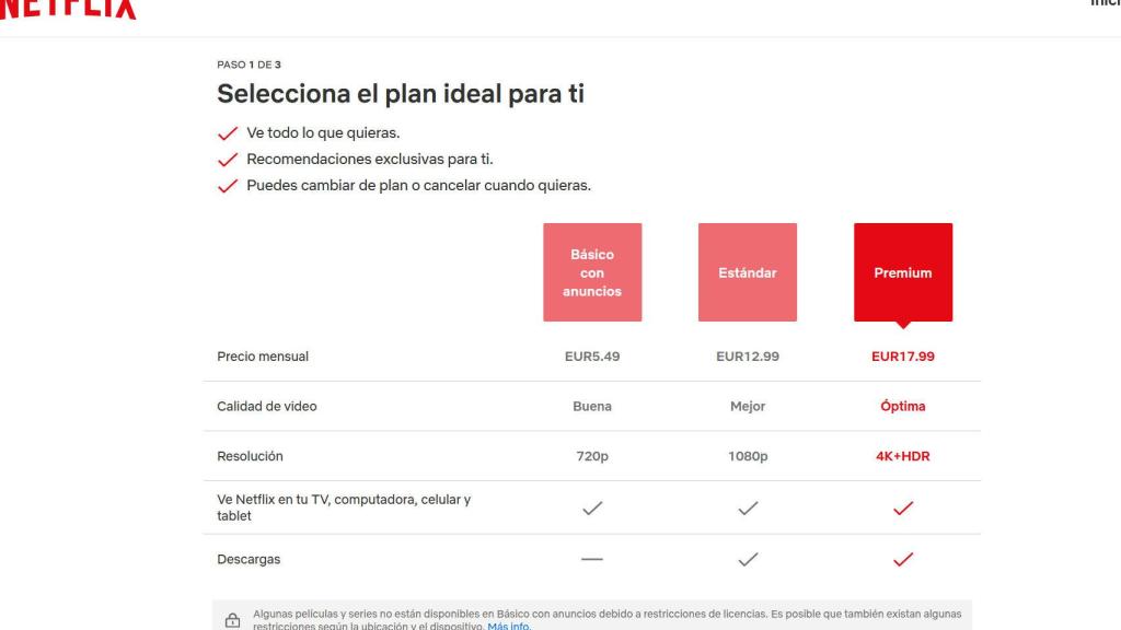 Netflix sólo muestra tres planes diferentes, dando prioridad al básico con anuncios