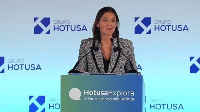 Reyes Maroto, ministra de Industria, Comercio y Turismo, durante su intervención en el foro Hotusa de 2023.