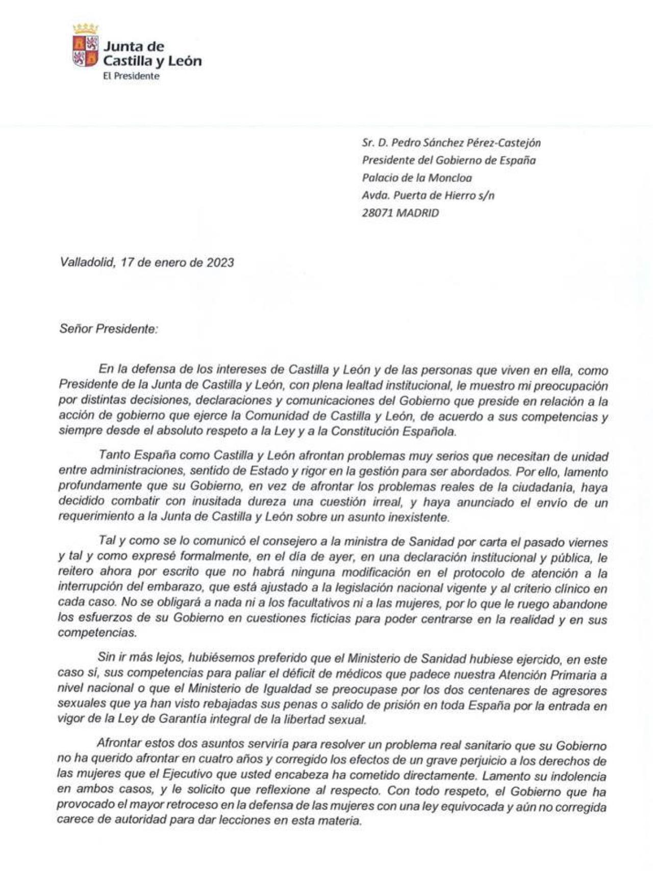 Carta de Mañueco a Sánchez