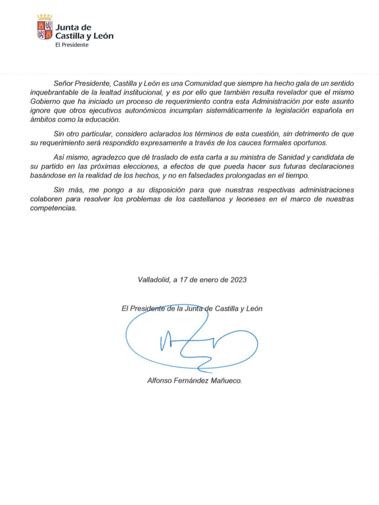 Carta de Mañueco a Sánchez