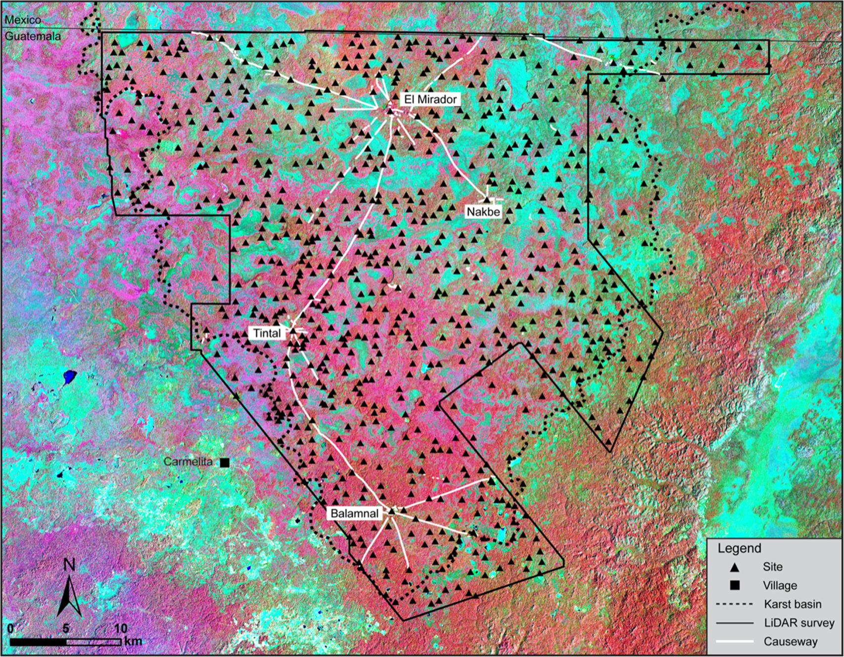 Mapa de la Cuenca Kárstica Mirador-Calakmul y los sitios identificados.