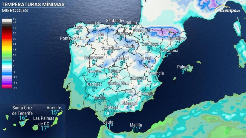 Temperaturas mínimas durante el miércoles, el punto álgido del temporal. ElTiempo.es