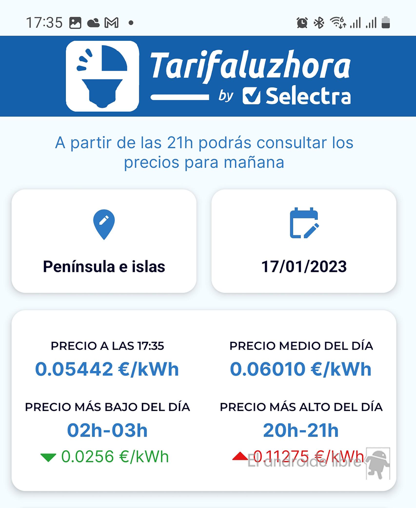 La app resume todo lo necesario para conocer las horas valle del siguiente día