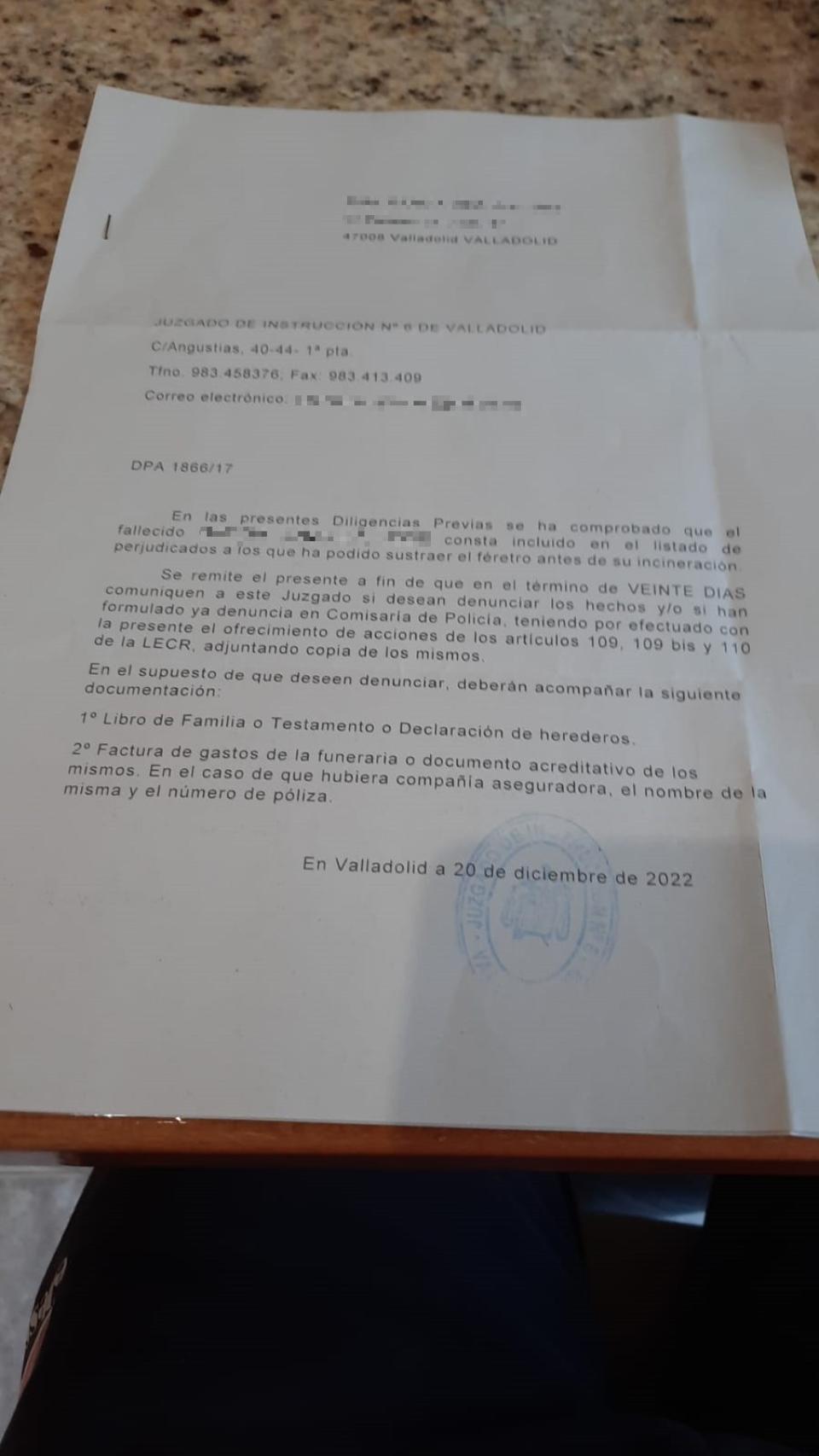 Carta recibida desde el juzgado