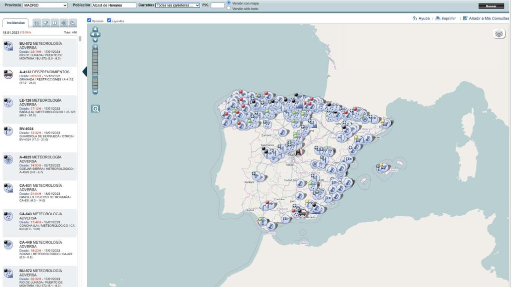 Interfaz del mapa de la DGT.