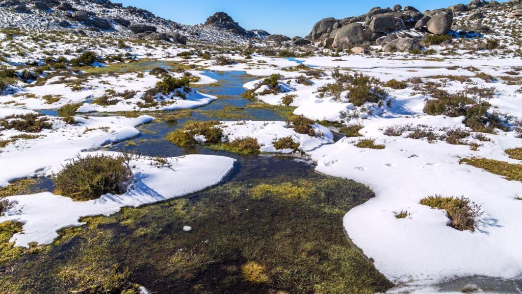 Winter landscape with snow in mountains of Serra do Xures natural park, Galicia, Spain
