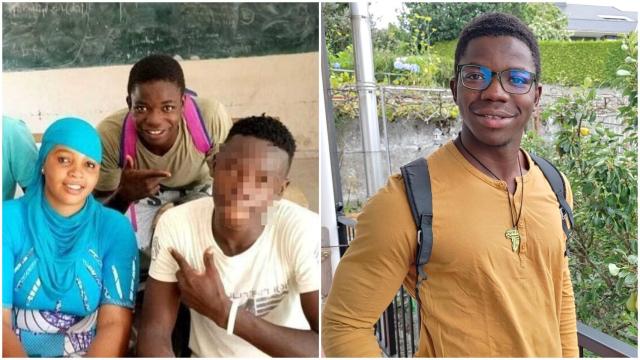 A la izquierda, Seny junto a su profesora en Senegal. A la derecha, Seny en España.
