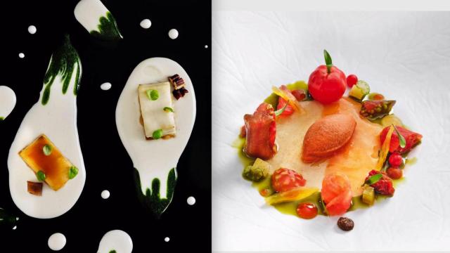 Berenjena blanca frita y lacada con leche de almendra y albahaca y ensalada de tomate, en Celler de Can Roca.