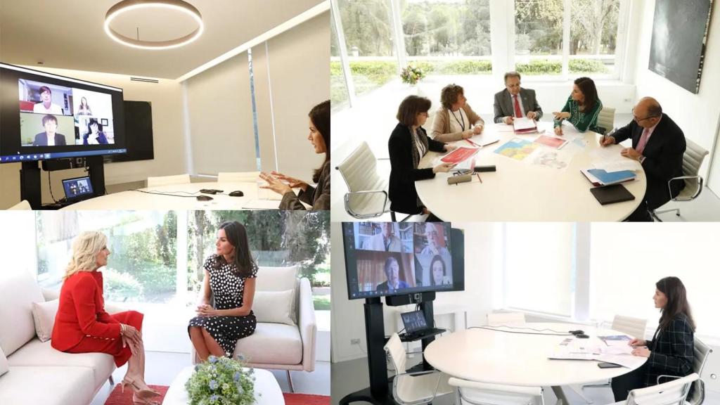 La soberana, participando en videoconferencias o en reuniones presenciales en su despacho. Abajo, con Jill Biden.