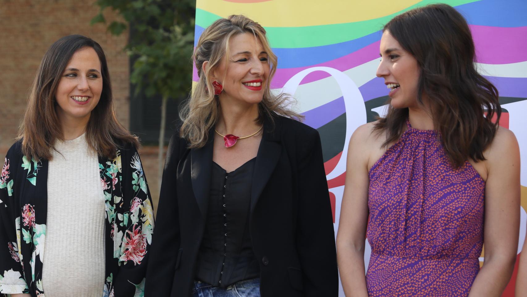 Ione Belarra, Yolanda Díaz e Irene Montero, en un acto celebrado en Madrid antes del cisma entre Sumar y Podemos.