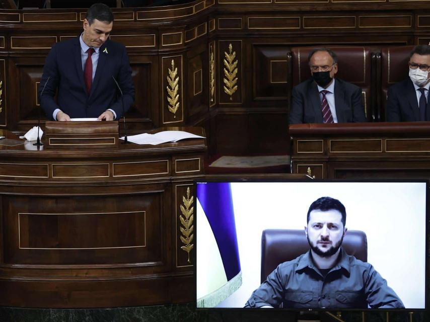 El presidente ucraniano Volodimir Zelenski durante su comparecencia en el Congreso de los Diputados el pasado 5 de abril.
