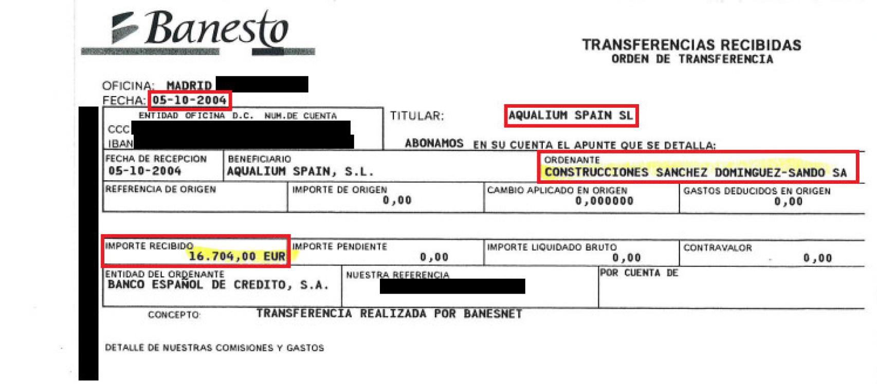 Una transferencia bancaria de Sando a Aqualium.