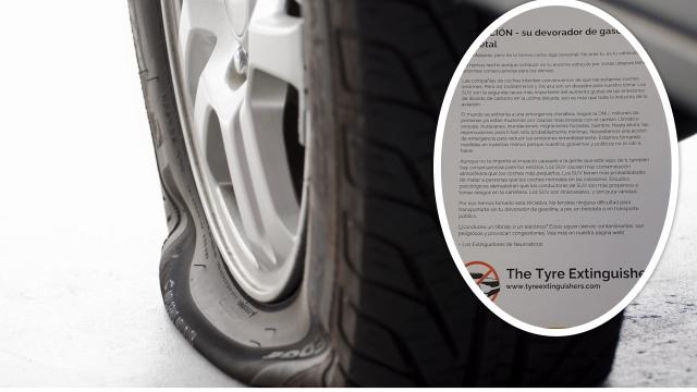 Imagen de archivo de una rueda deshinchada junto al planfleto encontrado