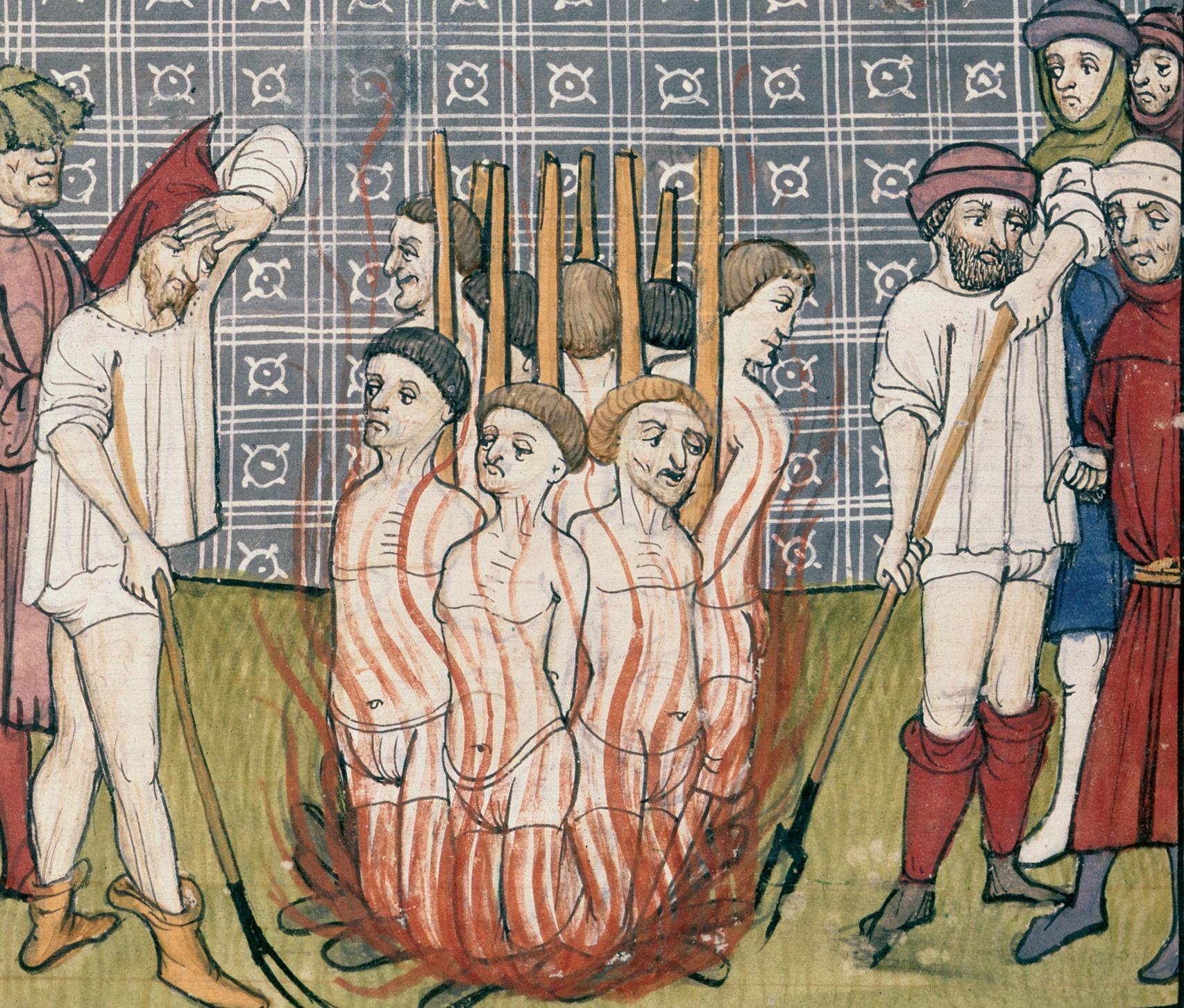 Lámina de finales del siglo XIV que muestra a un grupo de templarios en la hoguera.