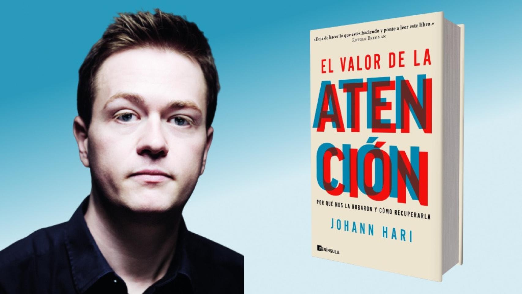 El divulgador y escritor Johann Hari junto a la portada de su último libro.