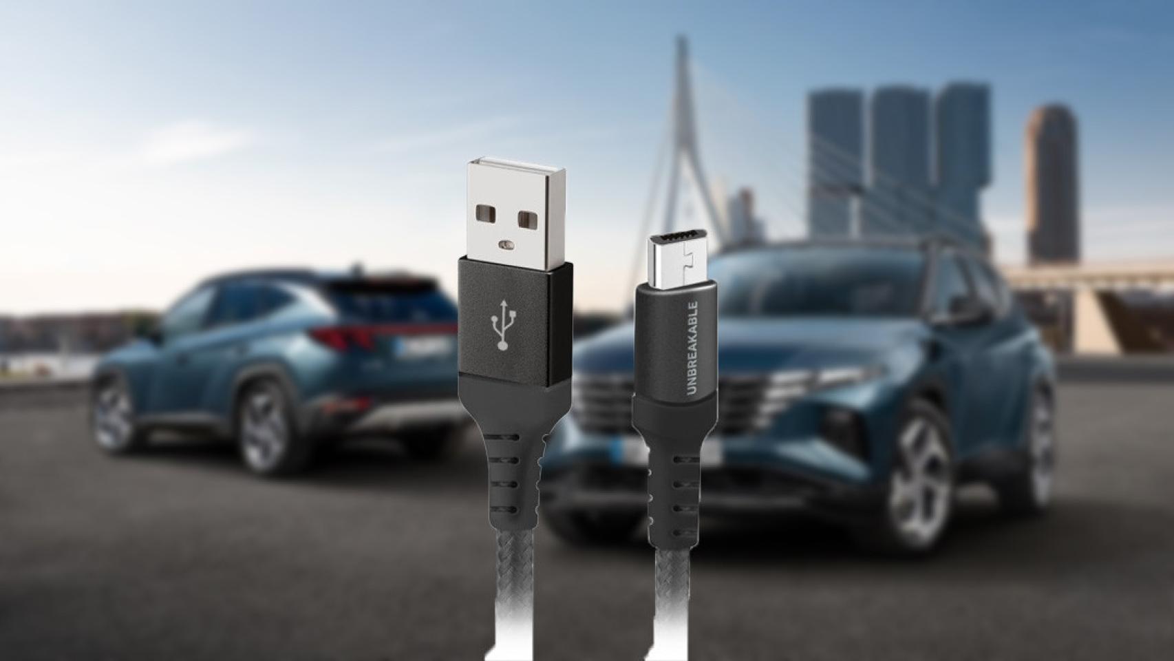 Fotomontaje con un Hyundai y un cable USB.