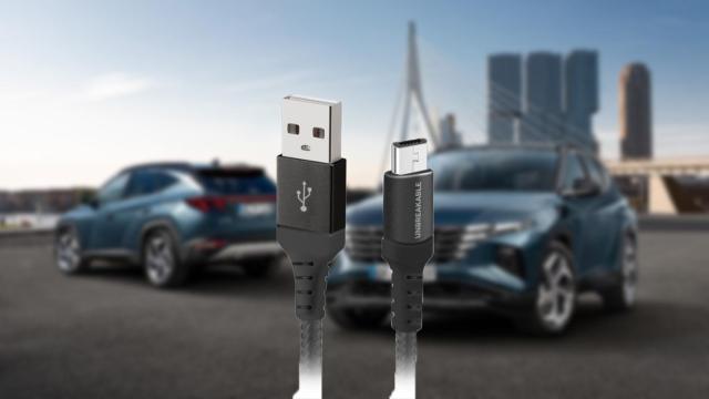 Fotomontaje con un Hyundai y un cable USB.