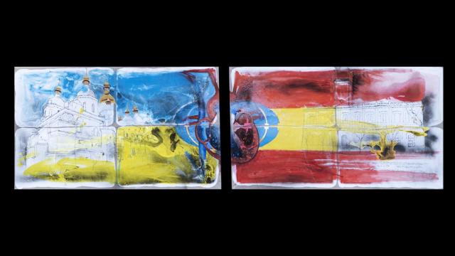 El cuadro del artista  Ángel Uranga cuyas mitades están en la sede de Sercobe y en la embajada de Ucrania, y solo se unirán cuando finalice el conflicto.