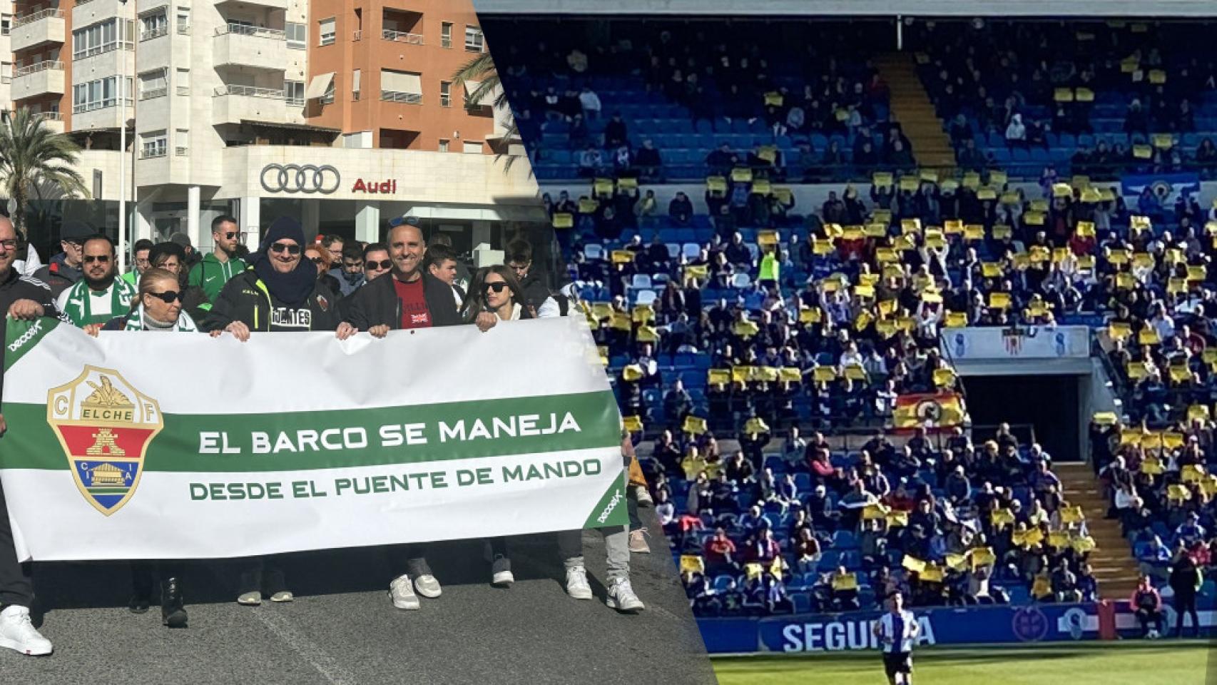 La manifestación de los aficionados del Elche (imagen cedida por David Caballero - Cope Elche) y las pancartas de los aficionados del Hércules (publicada por Podemos Recuperarlo).