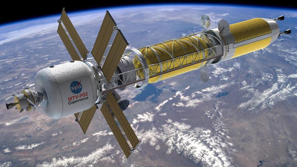 Vista visionaria de una misión de nave espacial habilitada por propulsión térmica nuclear (NTP).