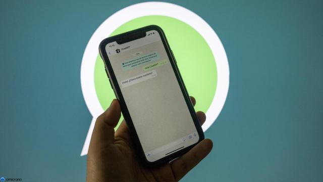 Foto con el logo de WhatsApp de fondo y ChatGPT en la app.