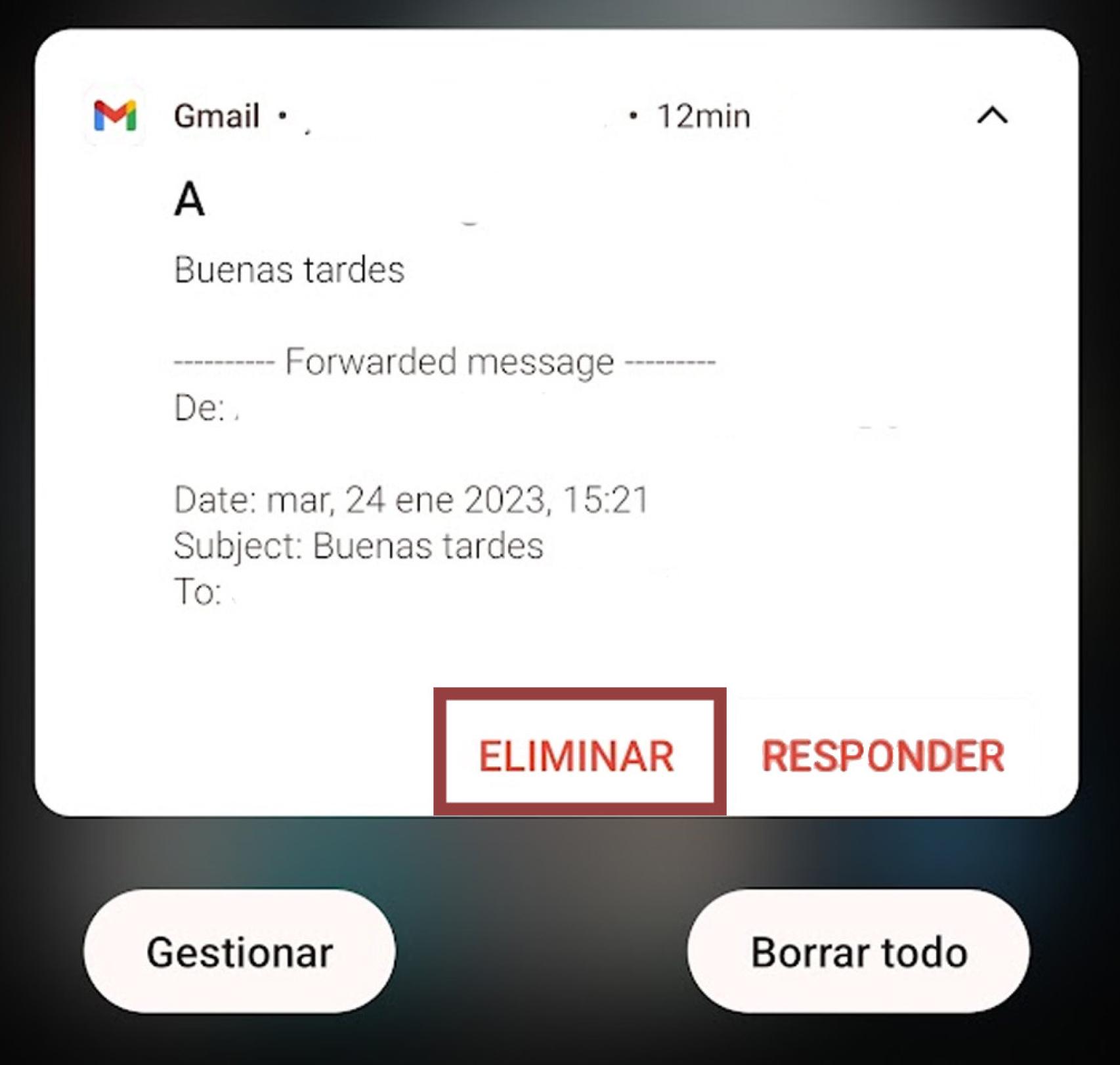 Eliminar correo desde la barra de notificaciones
