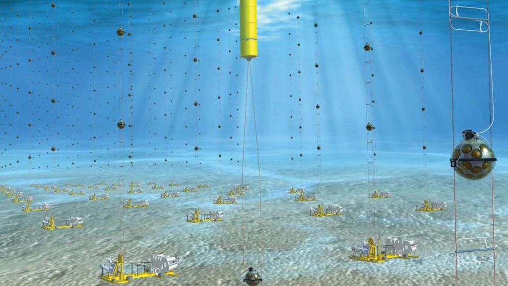 Representación del telescopio submarino KM3NeT.