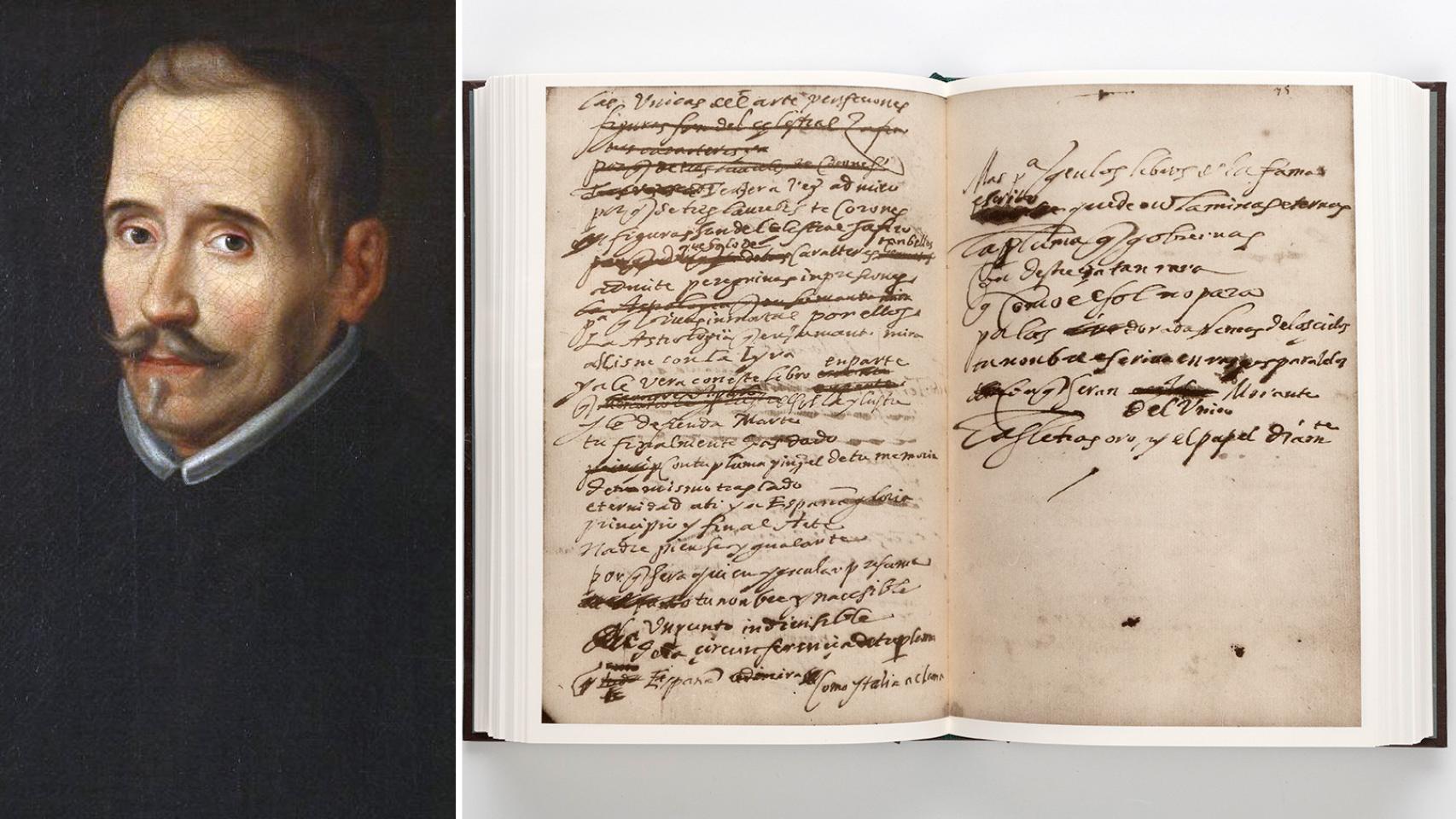 Retrato de Lope de Vega (h. 1627). A la derecha, reproducción de las páginas manuscritas del 'Códice Pidal' en la edición de la RAE y la Fundación MCMP