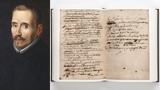 Retrato de Lope de Vega (h. 1627). A la derecha, reproducción de las páginas manuscritas del 'Códice Pidal' en la edición de la RAE y la Fundación MCMP