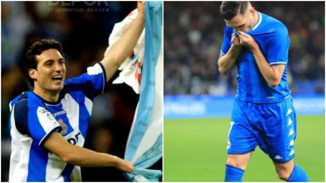 Lionel Scaloni y Lucas Pérez, ambos con la camiseta del Deportivo.