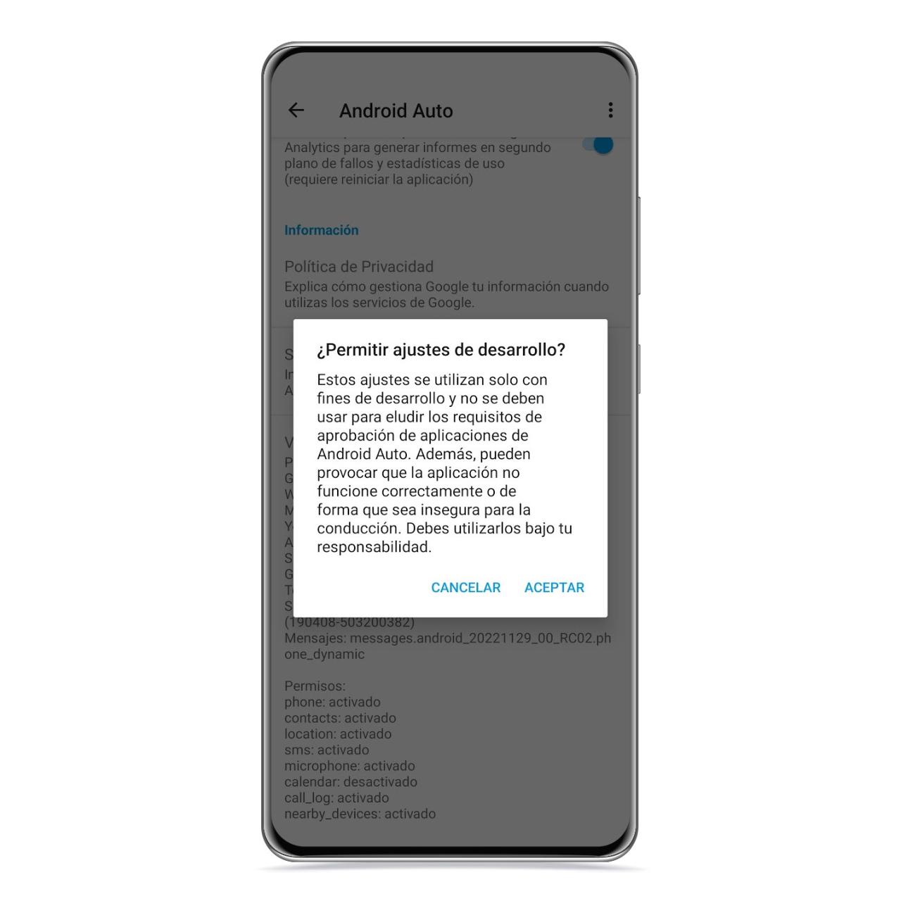 Ajustes de desarrollo en Android Auto