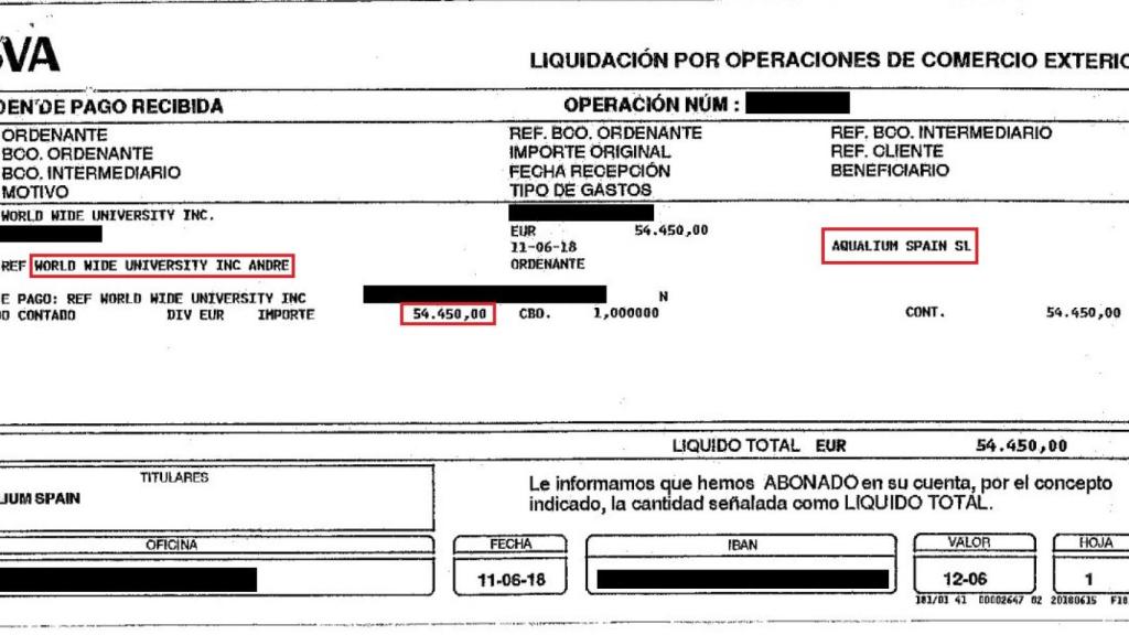 La transferencia de 54.000 euros que la empresa World Wide University Incs, con sede en las Islas Caimán, realizó el 11 de junio de 2018 a la sociedad de Álvarez-Cascos y su mujer.