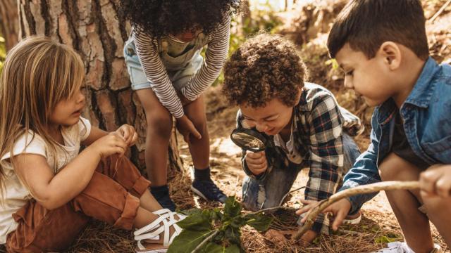 Un grupo de niños jugando en la naturaleza. iStock
