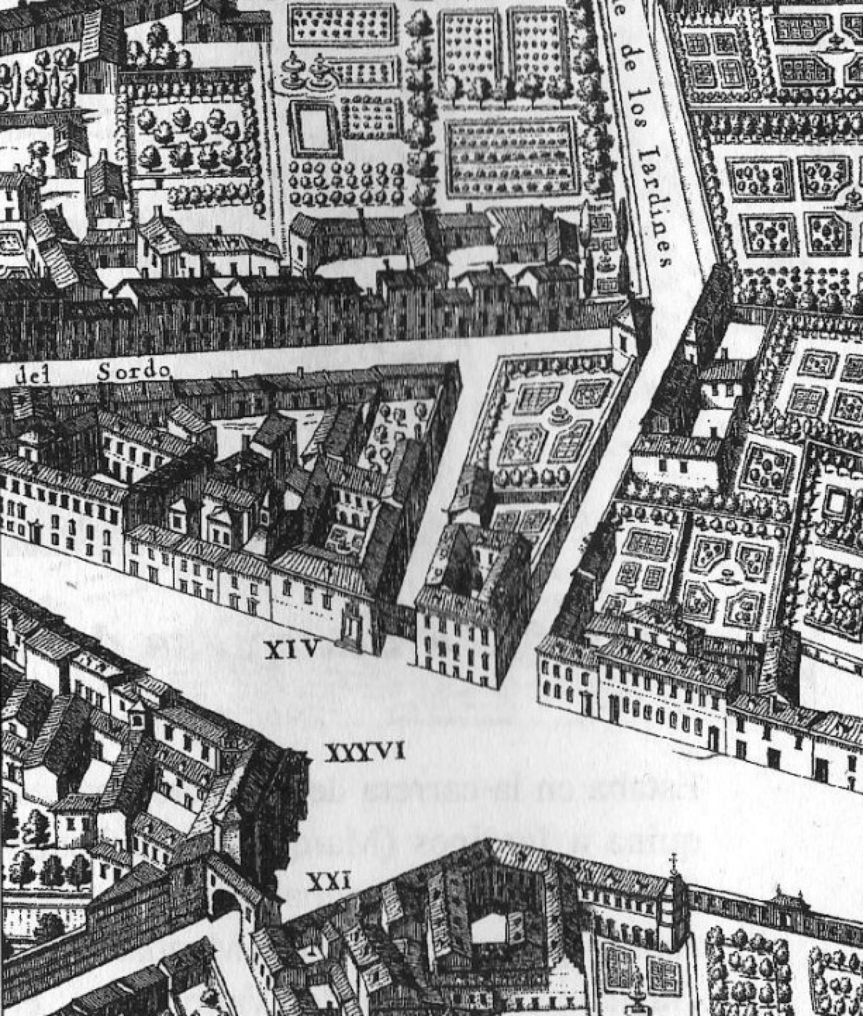 El convento del Espíritu Santo en que fue enterrada Magdalena de Guzmán, en Madrid, visto en un plano de Pedro Texeira (1656)