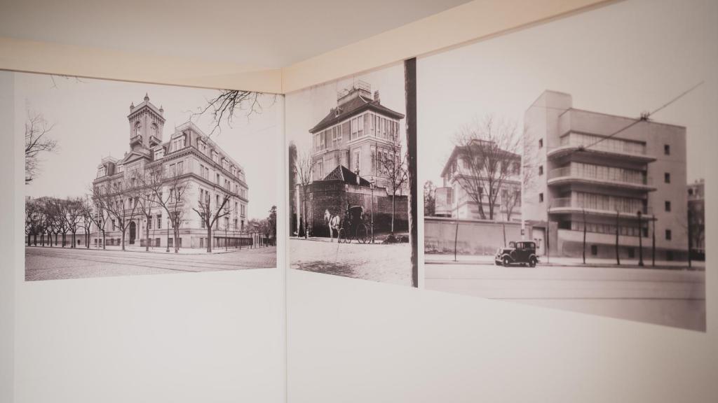De izda. a dcha.: Los edificios de Miguel Ángel 8 y de la calle Fortuny, 53 con el pabellón Arniches.