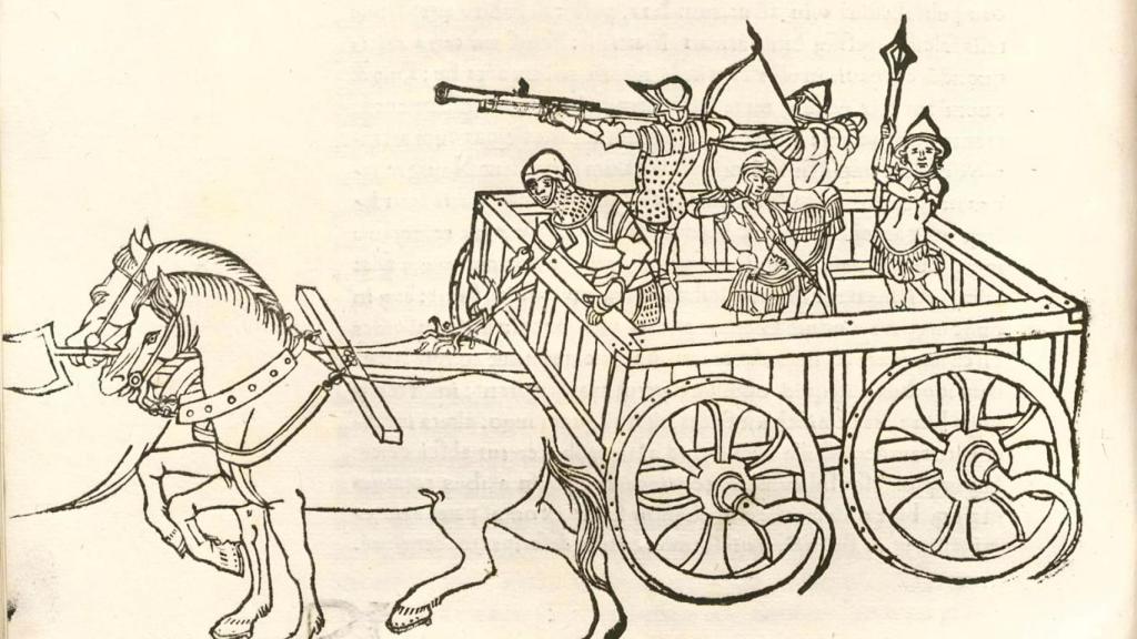 Artilleros manuales husitas sobre un carro fortificado en el siglo XV, representados en una miniatura medieval.