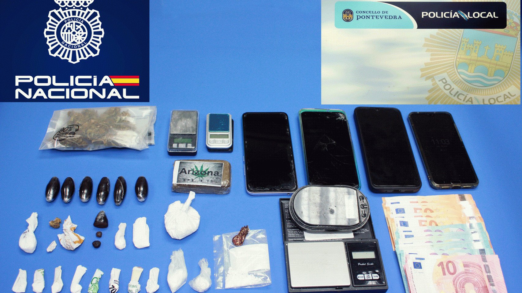 Los agentes se incautaron de diversas sutancias, dinero y utensilios para preparación y distribución de la droga.