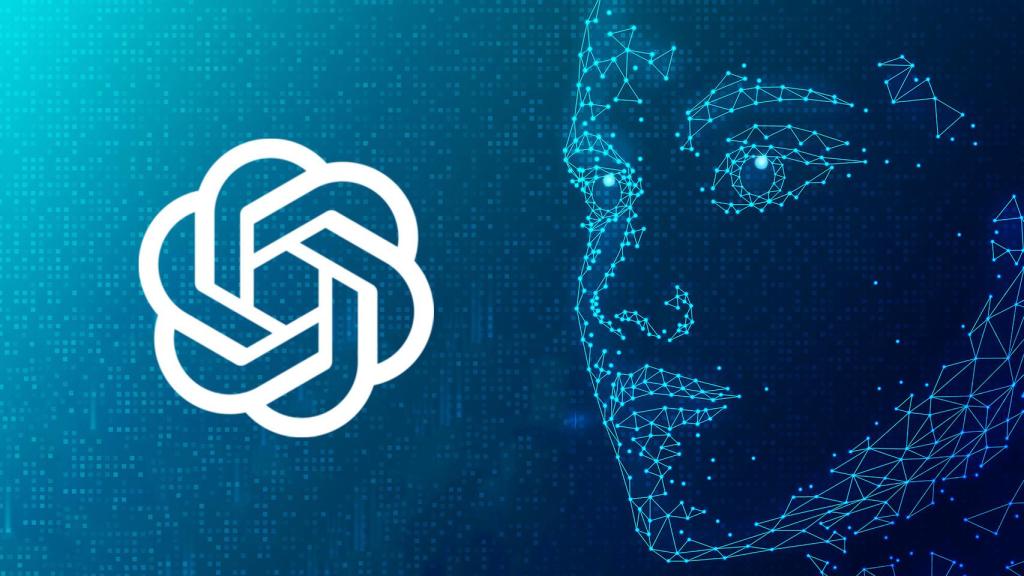 Fotomontaje con una imagen de una IA y con el logo de OpenAI.