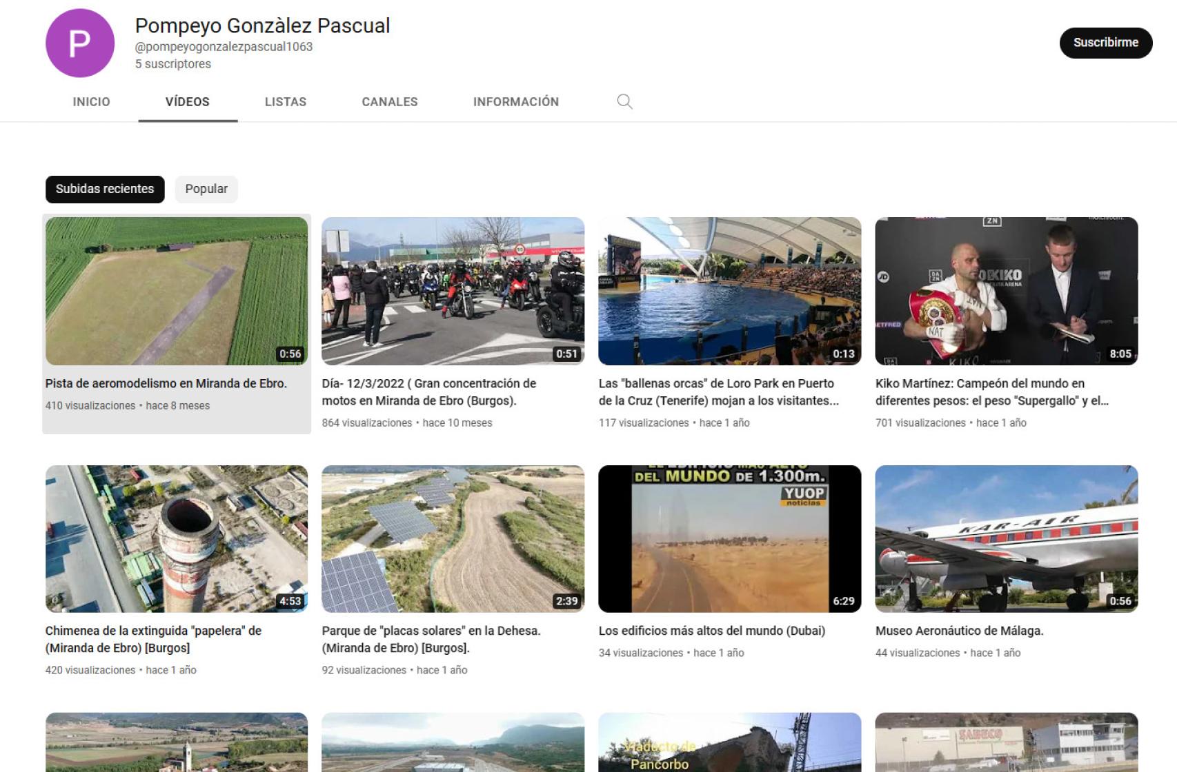 Imagen del perfil de Youtube de Pompeyo González Pascual.