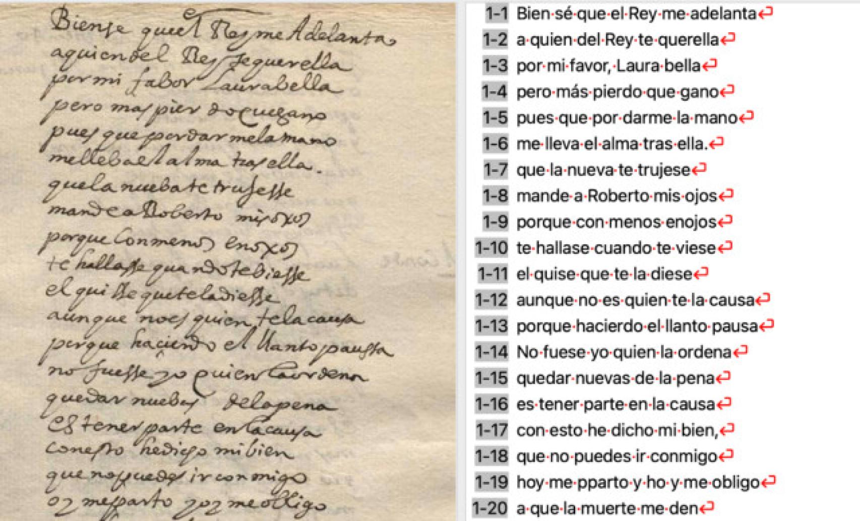 Ejemplo de transcripción automática de unos versos de 'La francesa Laura' gracias a la herramienta Transkribus y un modelo entrenado por Álvaro Cuéllar con 3 millones de palabras.